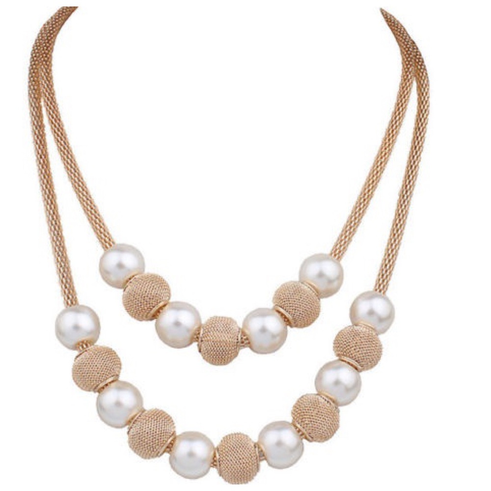 Gold-Tone Pearl & Mesh Bead Double Strand Necklace New